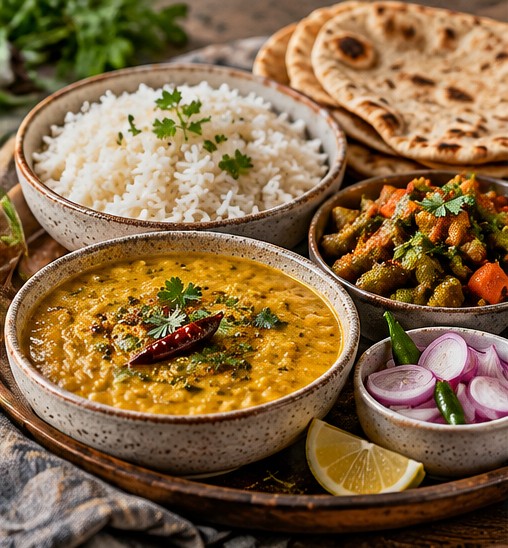A bowl of yellow dal with herbs and spices beside rice and Indian vegetable sides