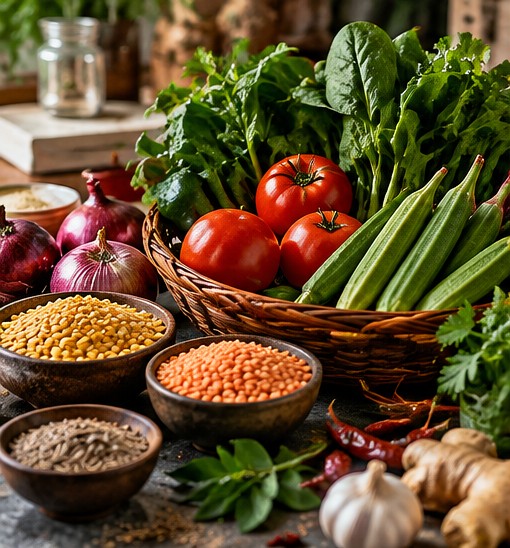 Fresh vegetables, leafy greens, lentils and spices arranged for Indian vegetarian cooking