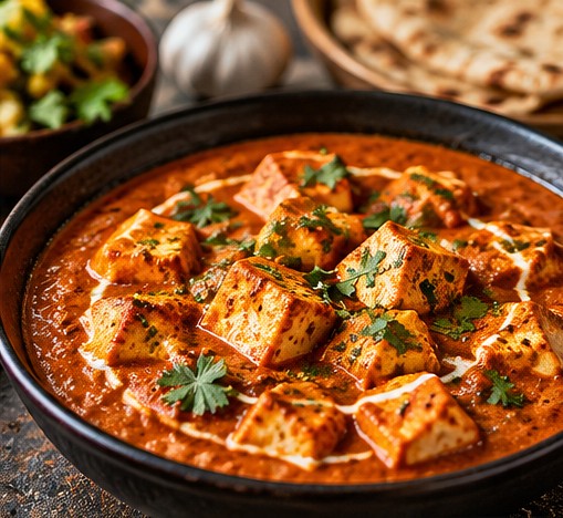 Paneer cubes simmered in a tomato-based Indian curry with fresh cilantro