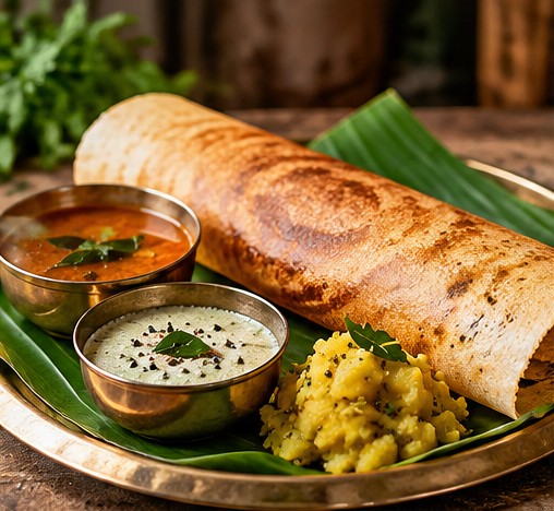 Golden crisp dosa served with sambar and coconut chutney on a banana leaf